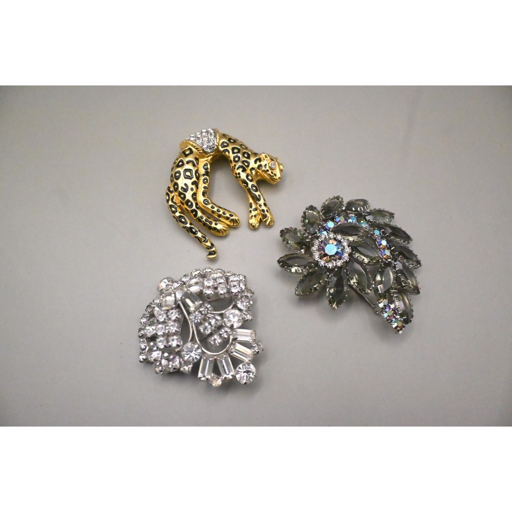 Vintage Brooch Lot 3 Piece Leopard Floral Rhinestone Gold Silver Tone Jewelry